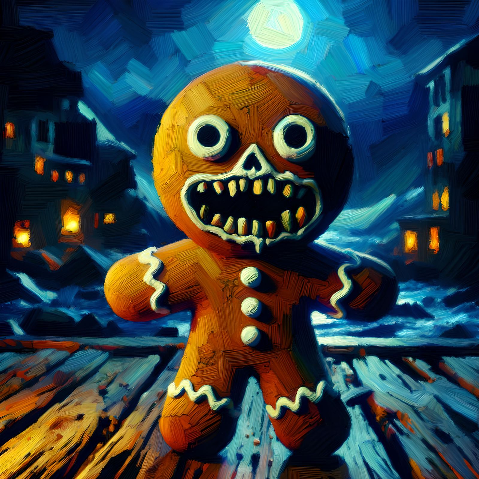Frightening Zombie Gingerbread Man Oil Painting