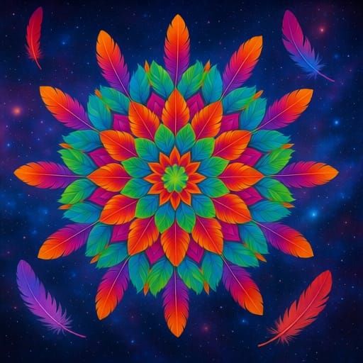 Vivid Mandala of Paradox Feathers in Outer Space