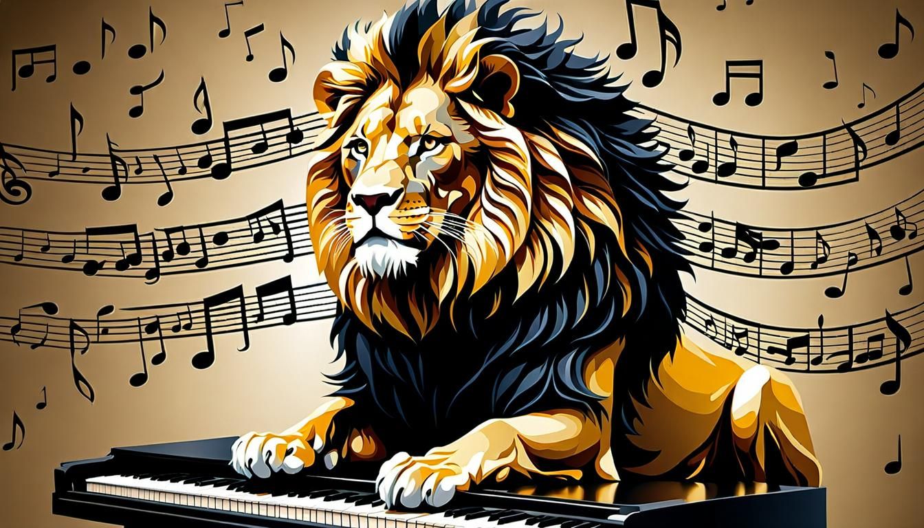 Musical Lion King at Piano: Hyperrealistic Composition