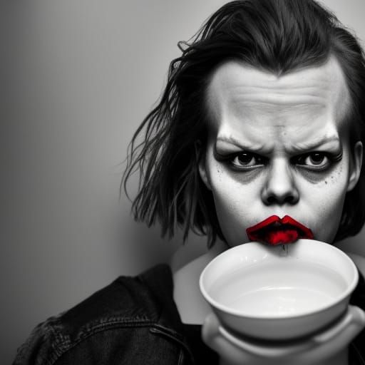 Sinister Woman Laughing with Salad, Horror Portrait