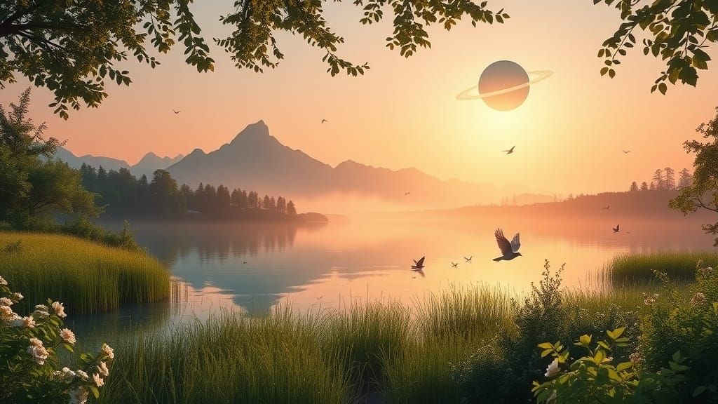 Tranquil Lake at Dawn with Saturn, Digital Art