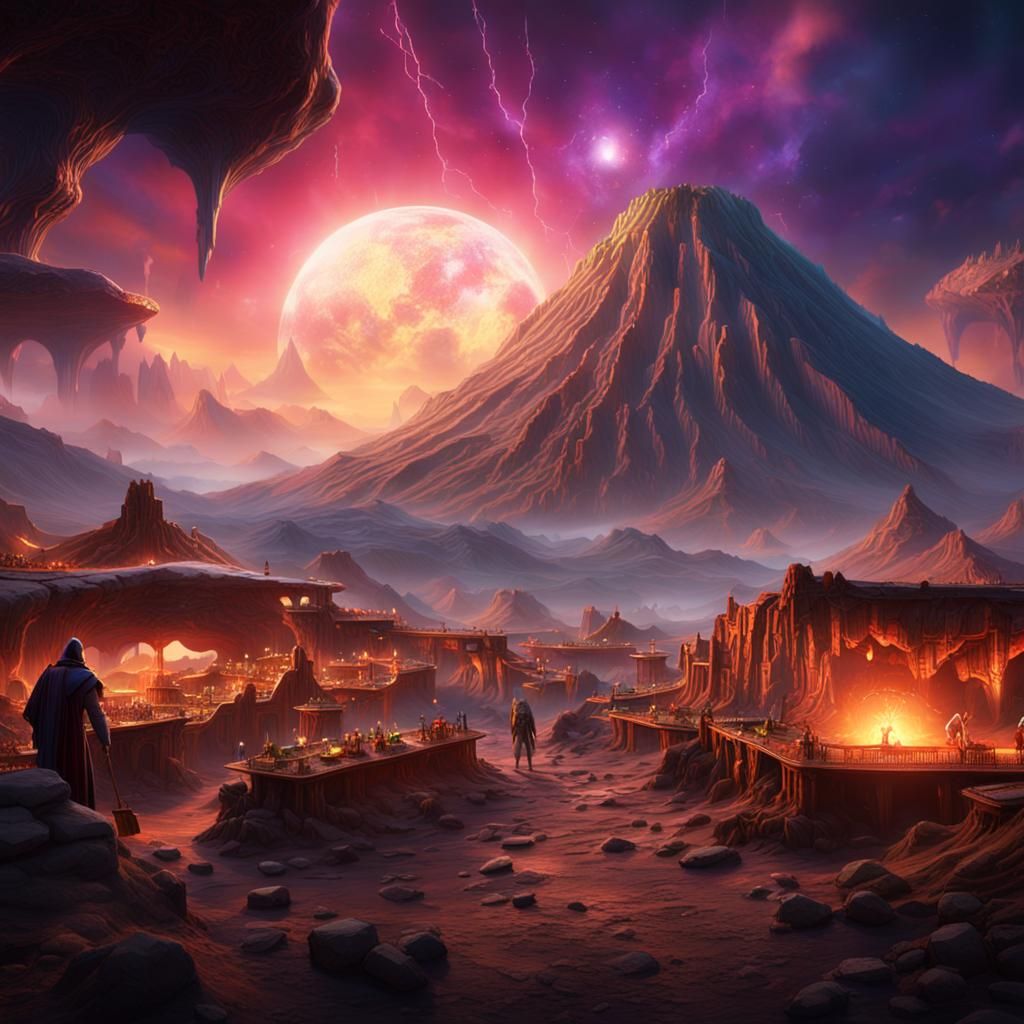 Volcanic Marketplace with Auroras: Fantasy Concept Art