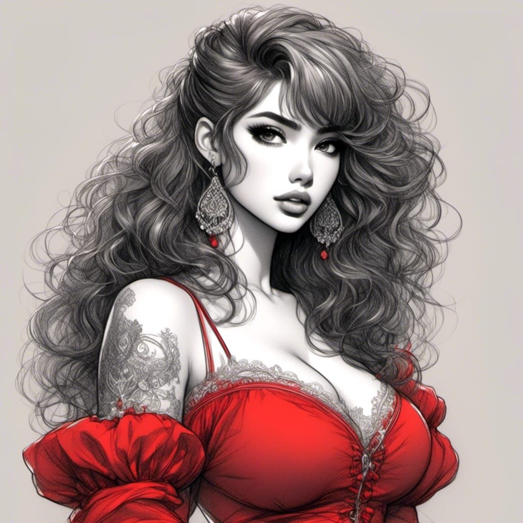 Anime Bad-Girl in Red Dress Sketch