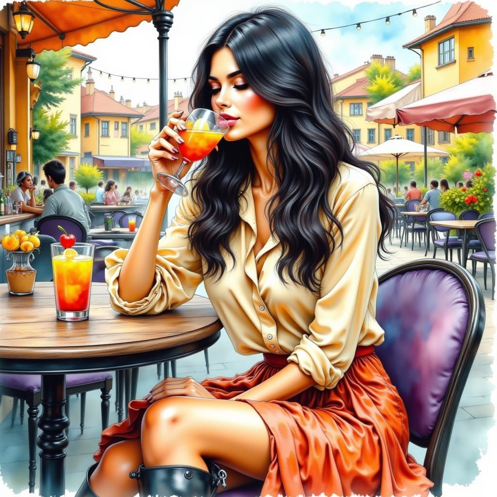 Woman on Terrace Bar in Expressive Watercolor Style