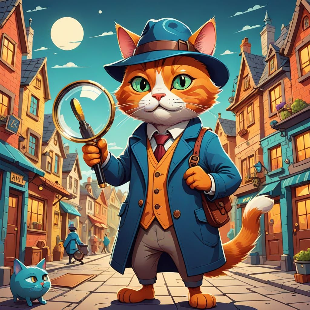 Anthropomorphic Cat Detective in Cartoon Style