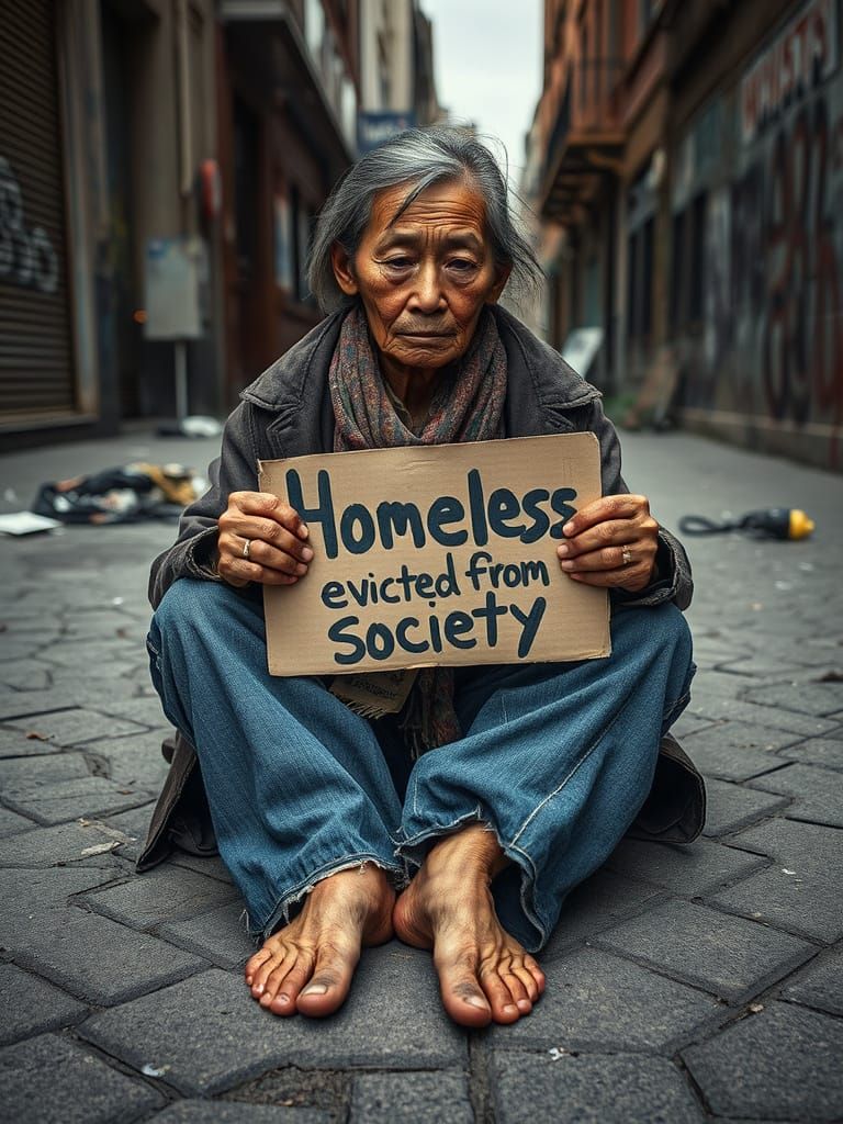 Elderly Asian Woman Faces Homelessness in a Gritty, Hyperrea...