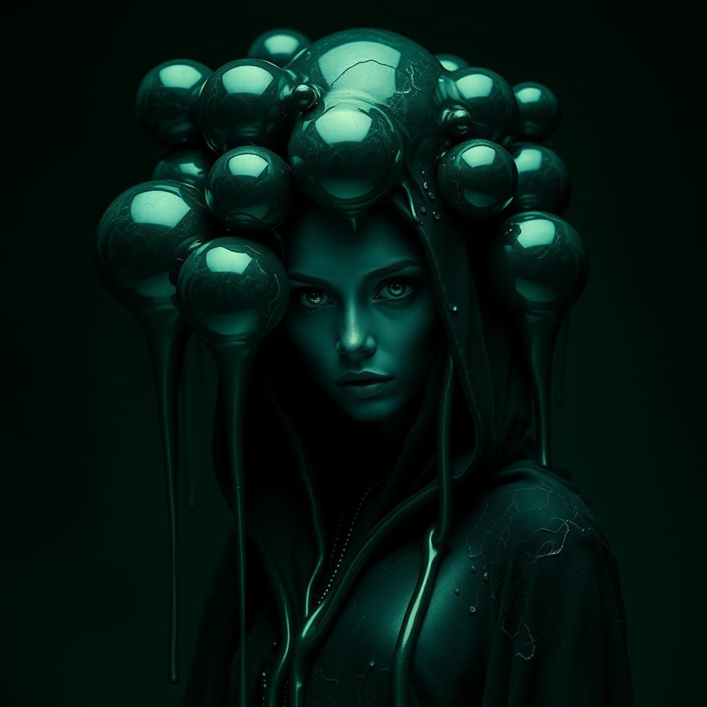 Melting Woman in Dark Green, Surrealist Art