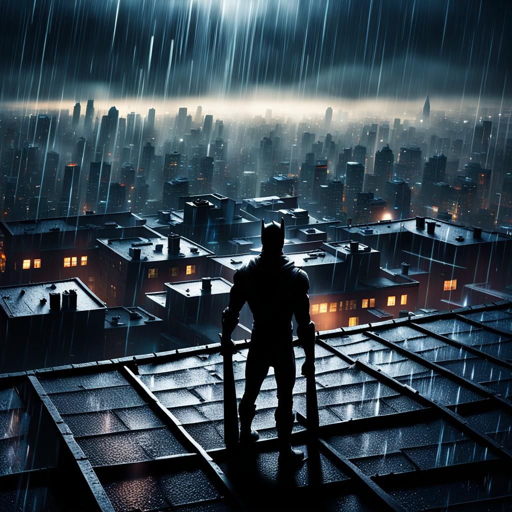 Dramatic Superhero Overlooks City in Cinematic Lighting