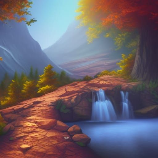 Detailed Mountain Forest Painting in Dynamic Lighting