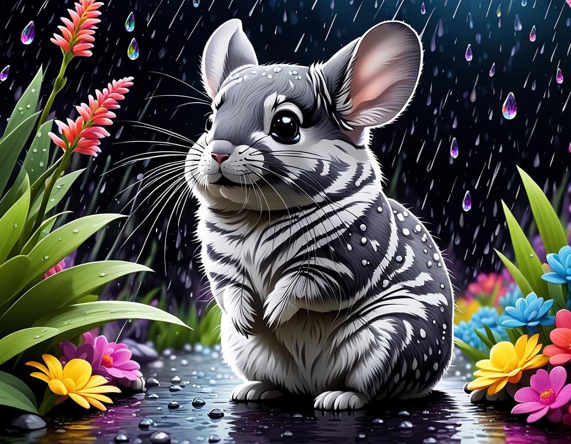 Chinchilla Gazing at Rain in Crystal Art Style