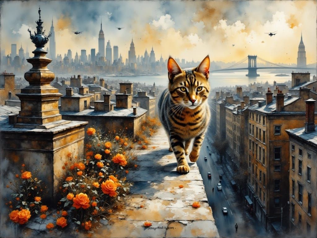 Bengal Cat Conquers Manhattan in Painterly Realism
