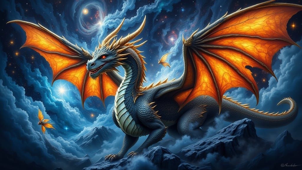 Majestic Galaxy Dragon with Fairy in Celestial Void