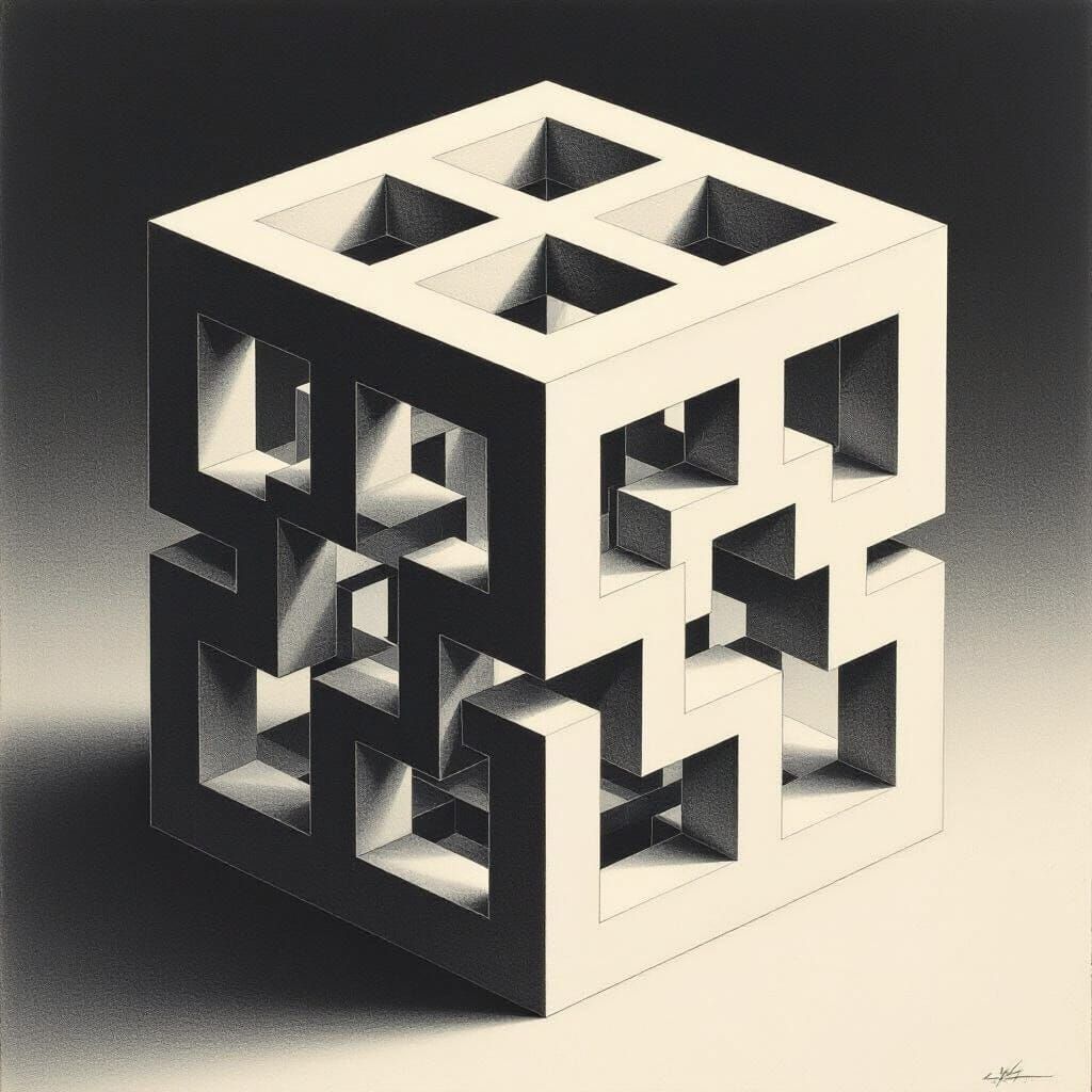 Futuristic Cube Structure with Interlaced Geometric Designs