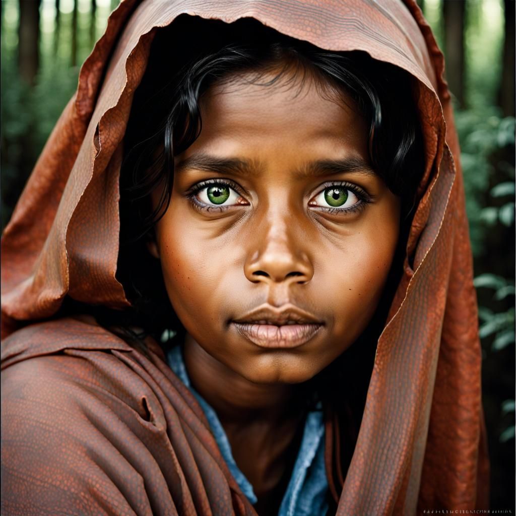 Enigmatic Girl Portrait in Forest, Bokeh Lighting