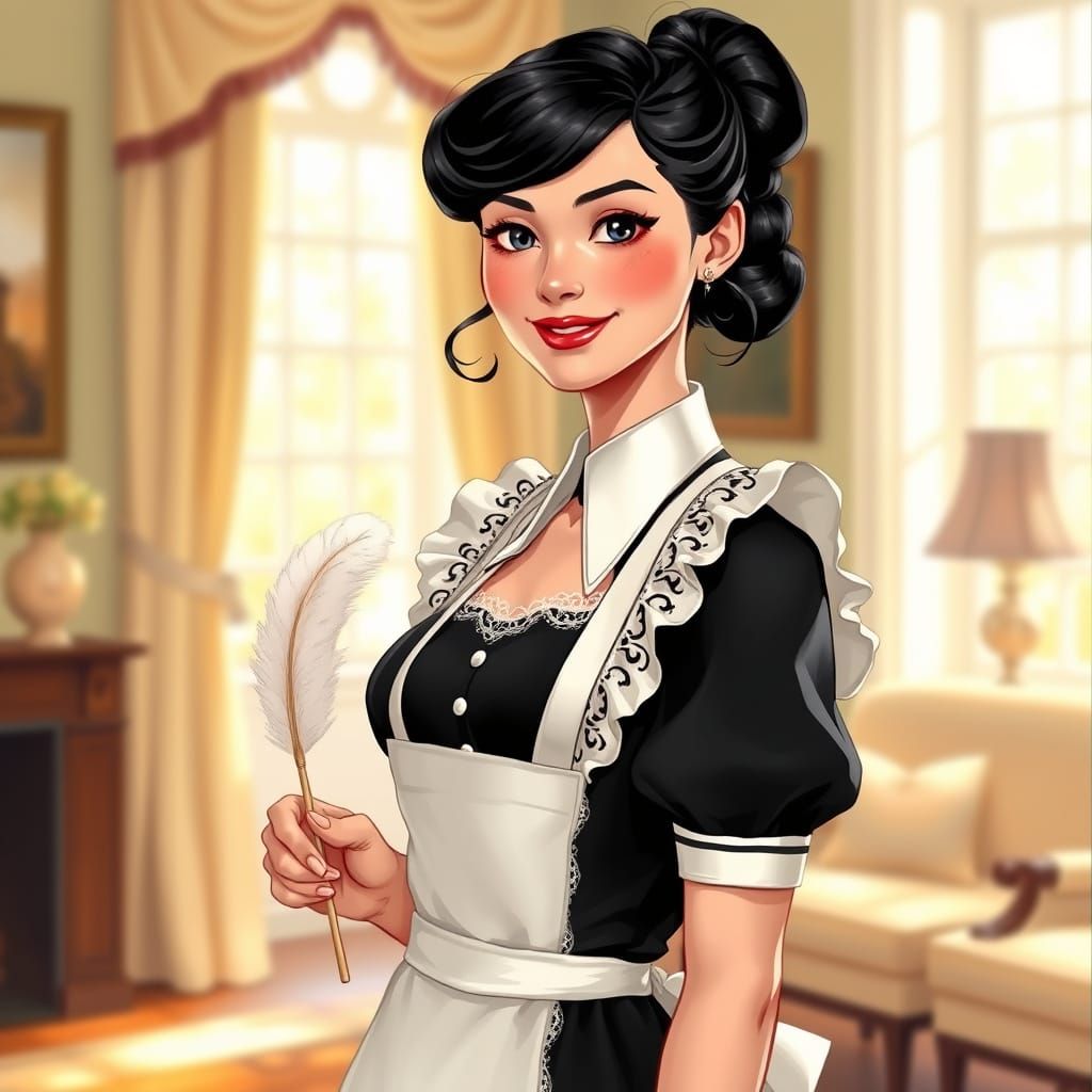 Charming Maid with Feather Duster in Sunlit Drawing Room