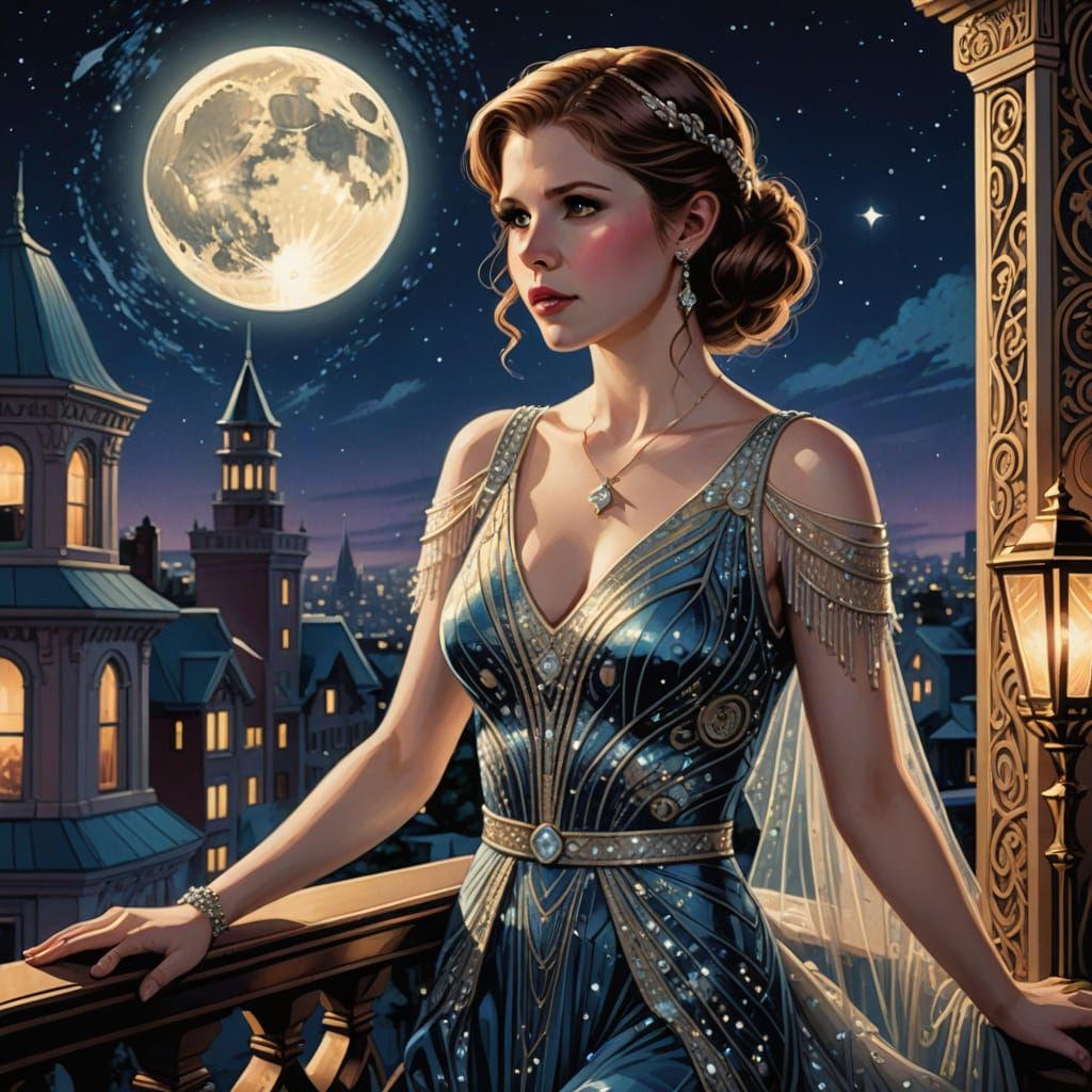 Anna Kendrick in Art Deco Lunar Gown on Balcony