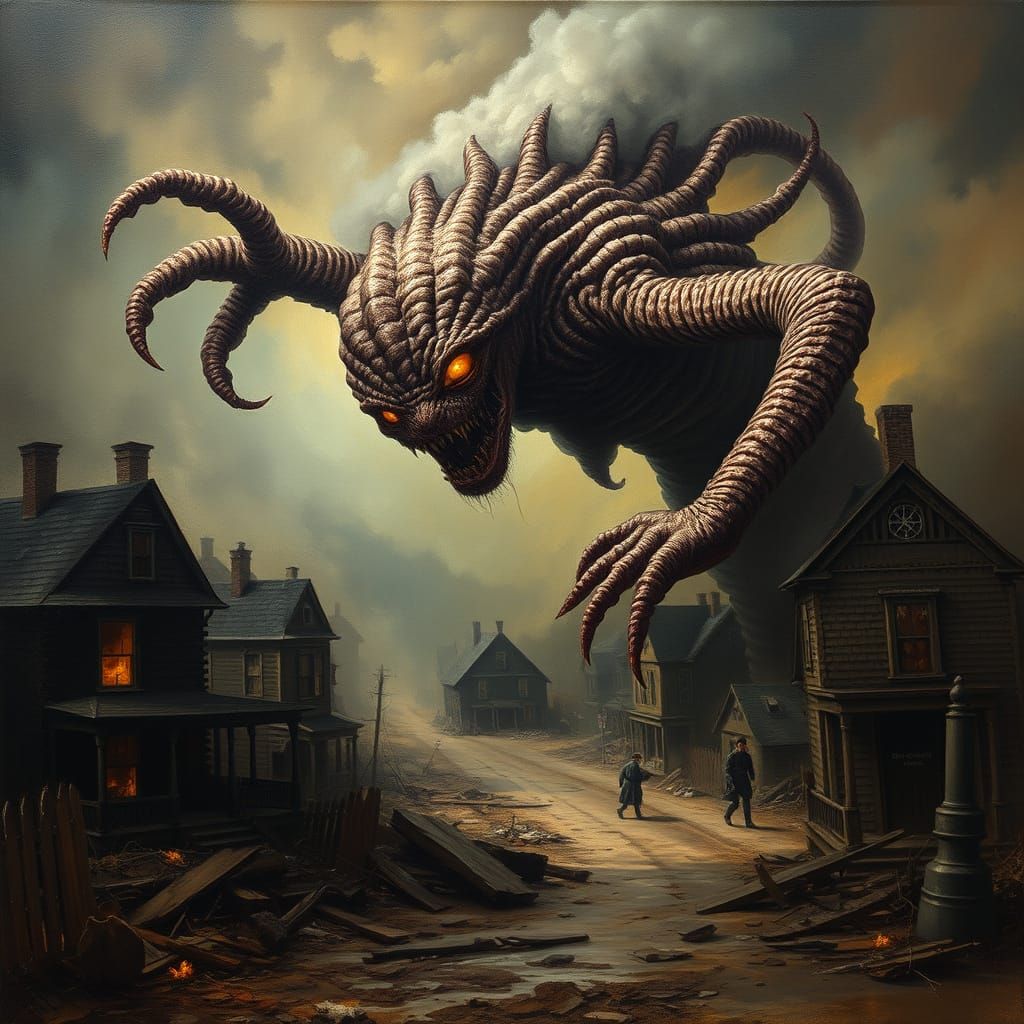 Grotesque Creature's Havoc: Tenebrism Oil Painting