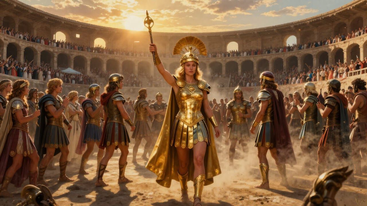 Victorious Female Gladiator Celebrates in Roman Arena