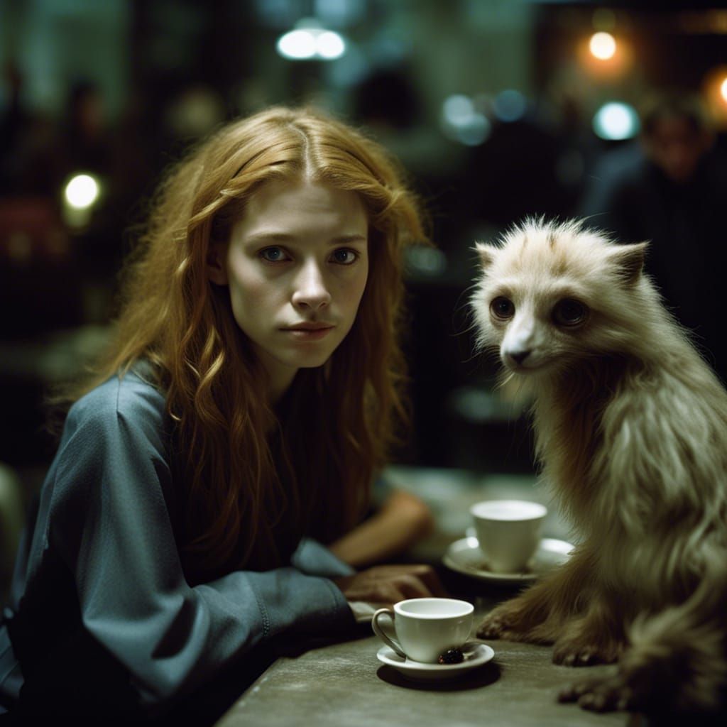 Girl and Animal Friend in Cafe, Emotive Portrait