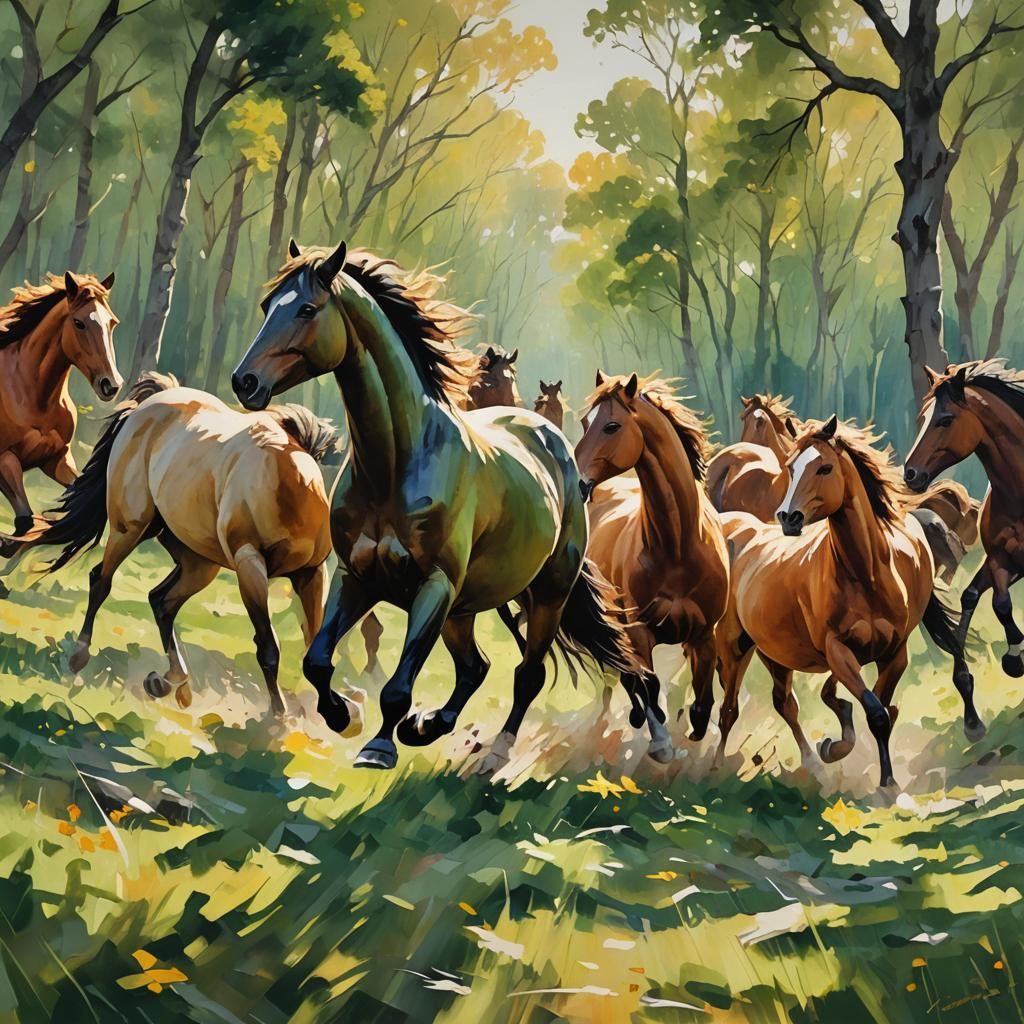 Wild Horses in Meadow as Impasto Oil Painting