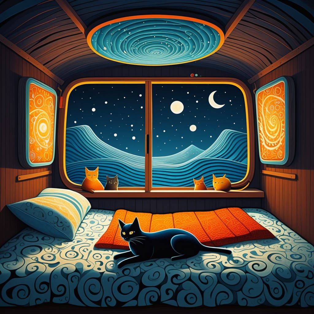 Cozy Family and Cat in Snowy Mobile Home