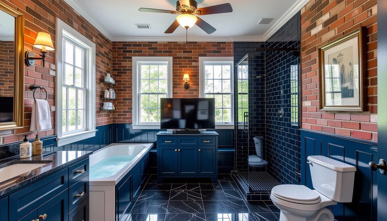 Victorian Dark Blue Bathroom with Brick Accents