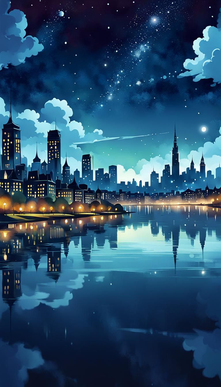 Whimsical Cityscape Reflection in Digital Ink Style