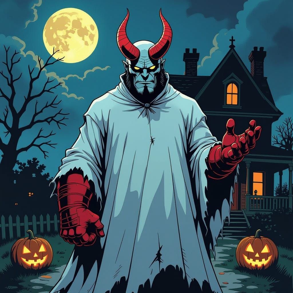 Hellboy as a Ghost on Halloween Night