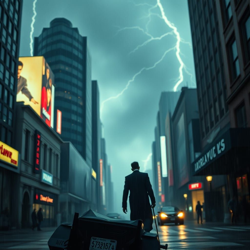 Ethereal Vampire Strolls Through Stormy Cityscape in Hyperre...