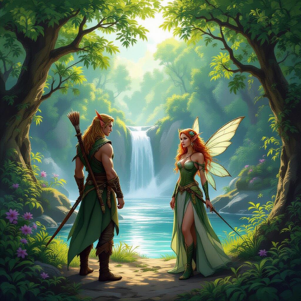 Fae Gathering at Summer Forest Waterfall