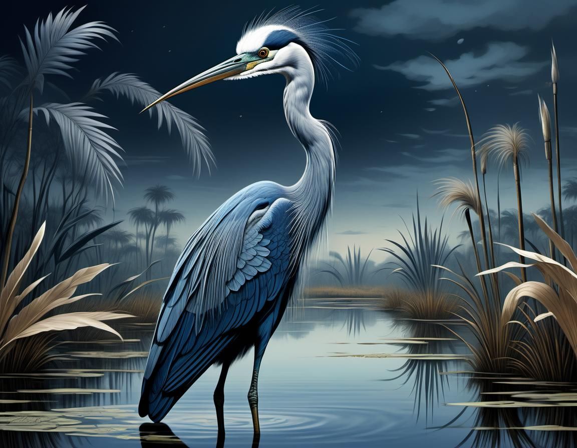 Bennu Heron in Papyrus Swamp: Egyptian Art
