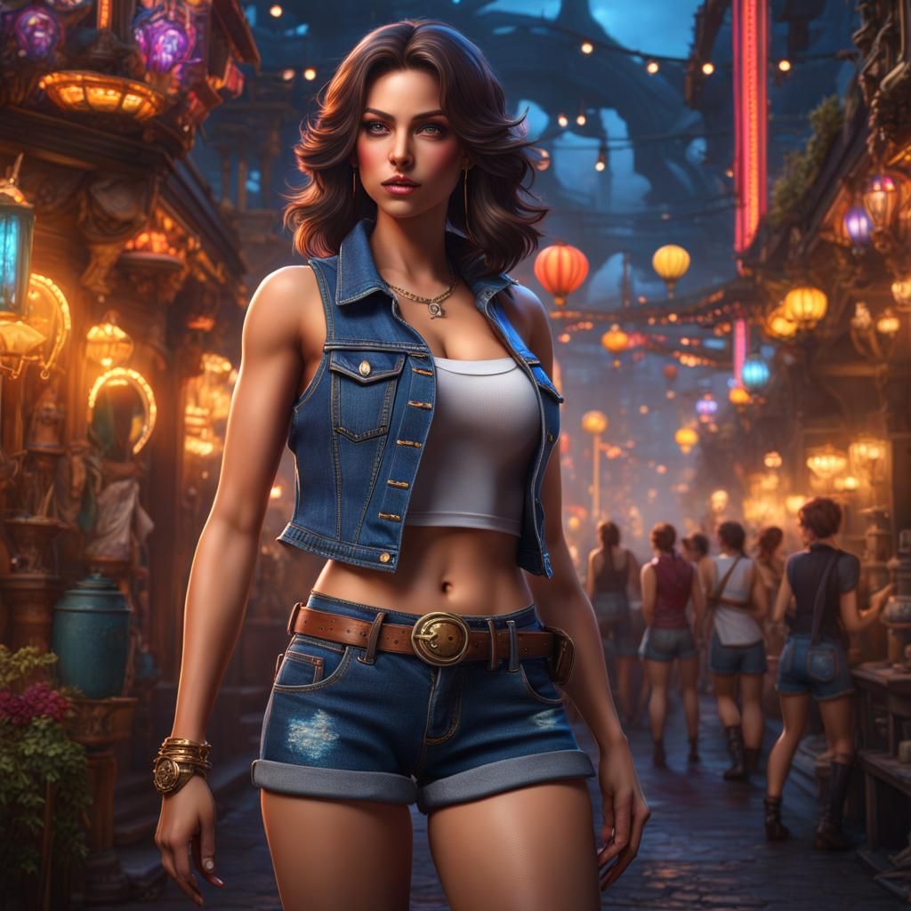 Attractive Woman in Jean Shorts with Staff