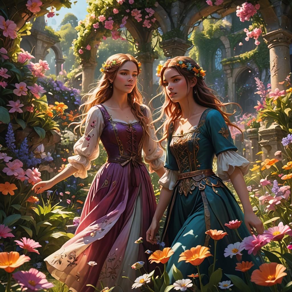 Girls Playing in Lush Garden: Fantasy Concept Art