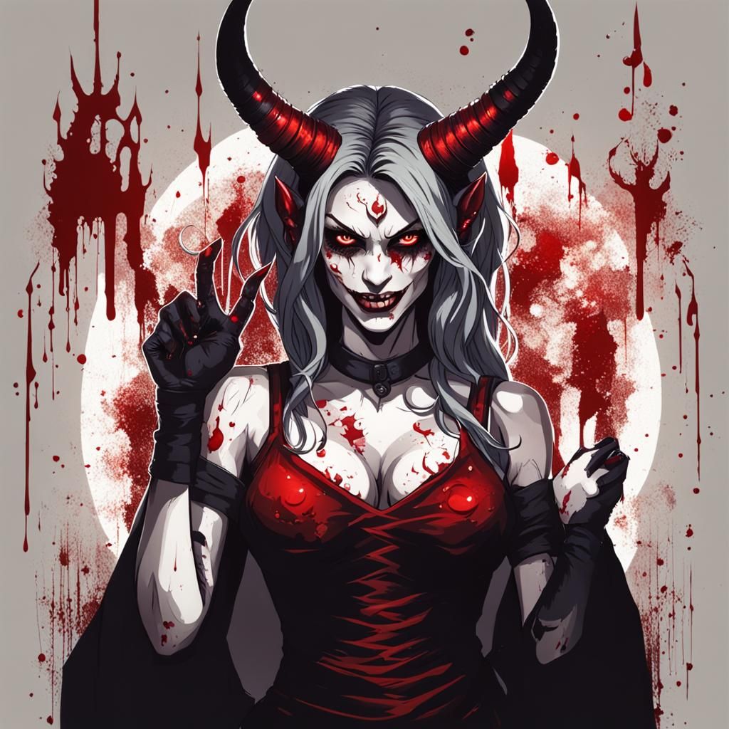 Female Demon with Horns and Bloody Background