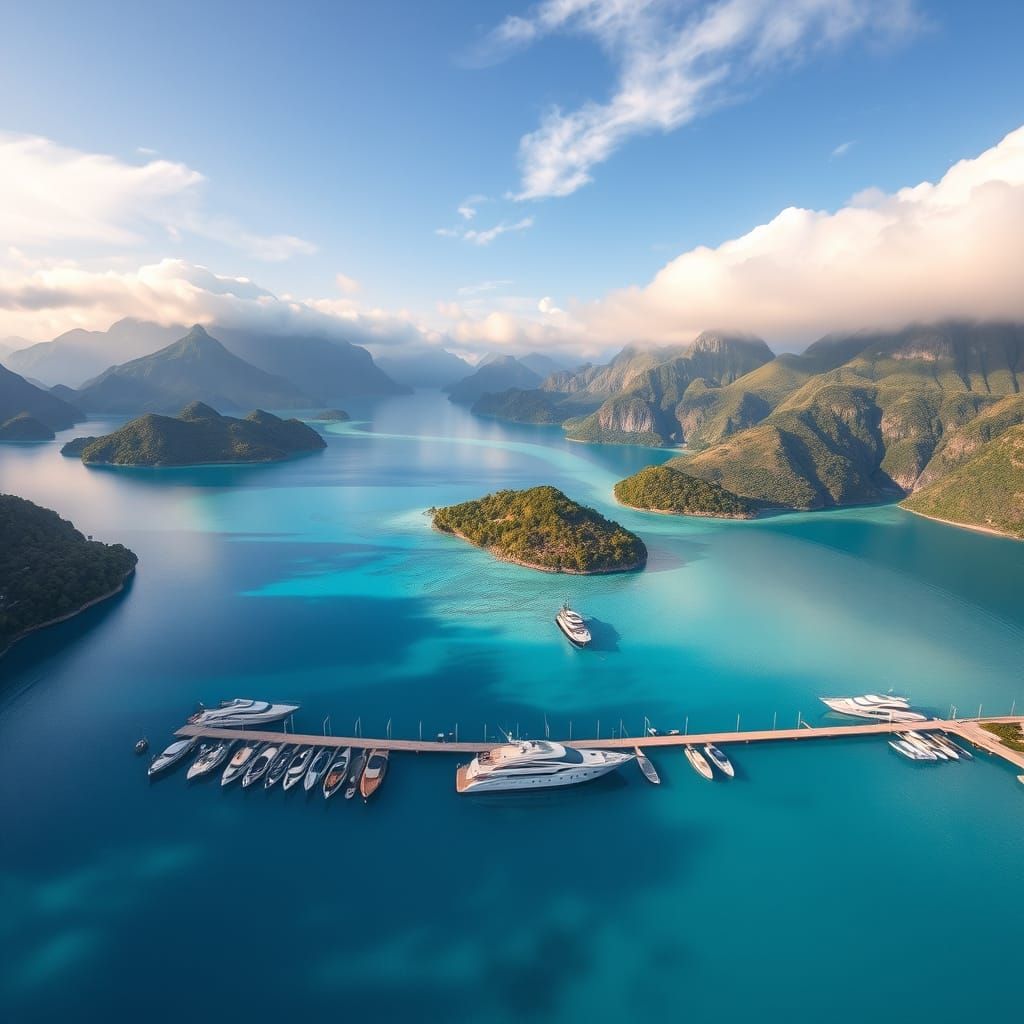 Lagoon and Mountains with Boats in Dreamy Ethereal Style