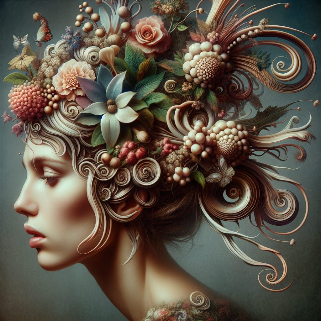Surreal Woman Portrait with Floral Hairdo