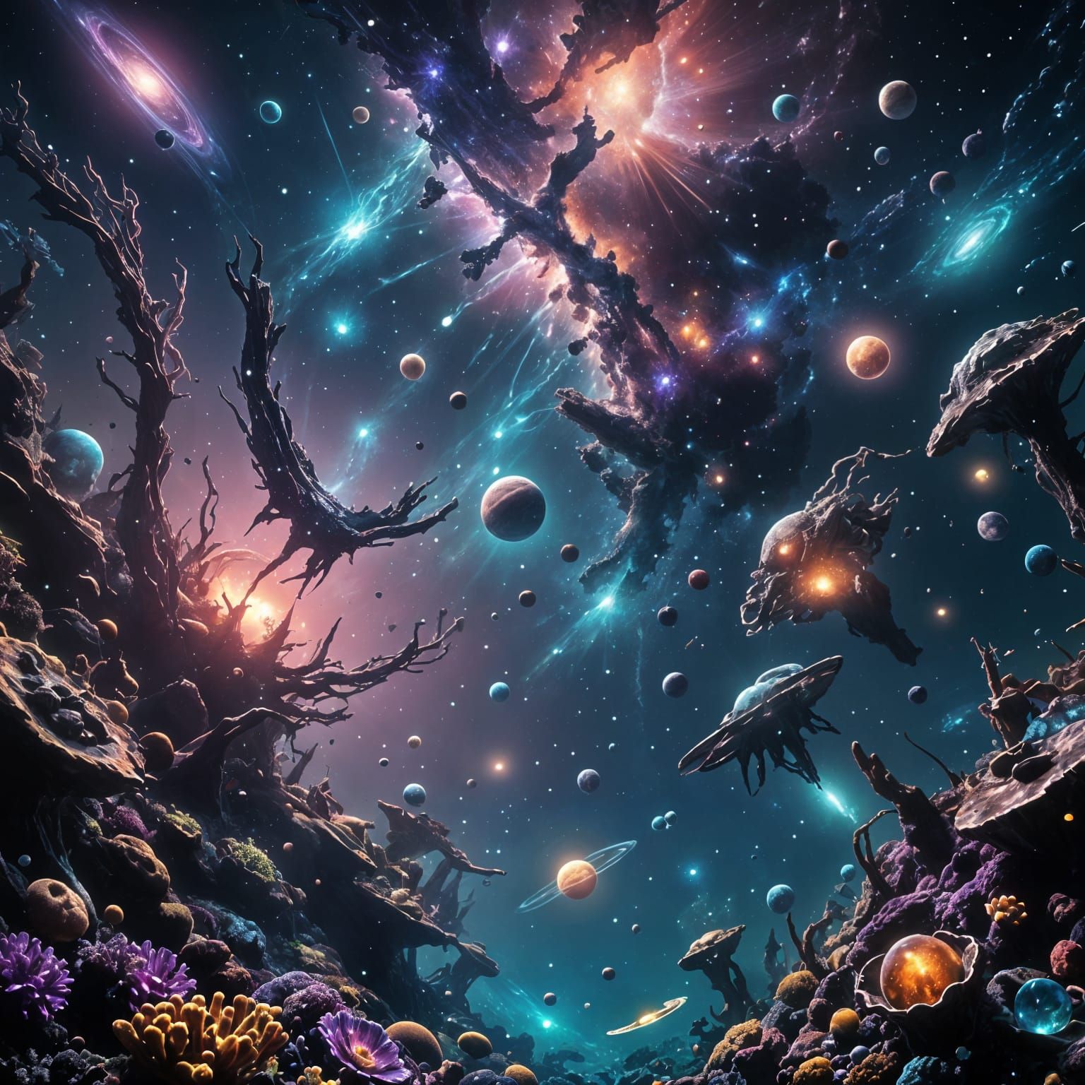 Underwater Galaxy with Bioluminescent Life, Cinematic Still