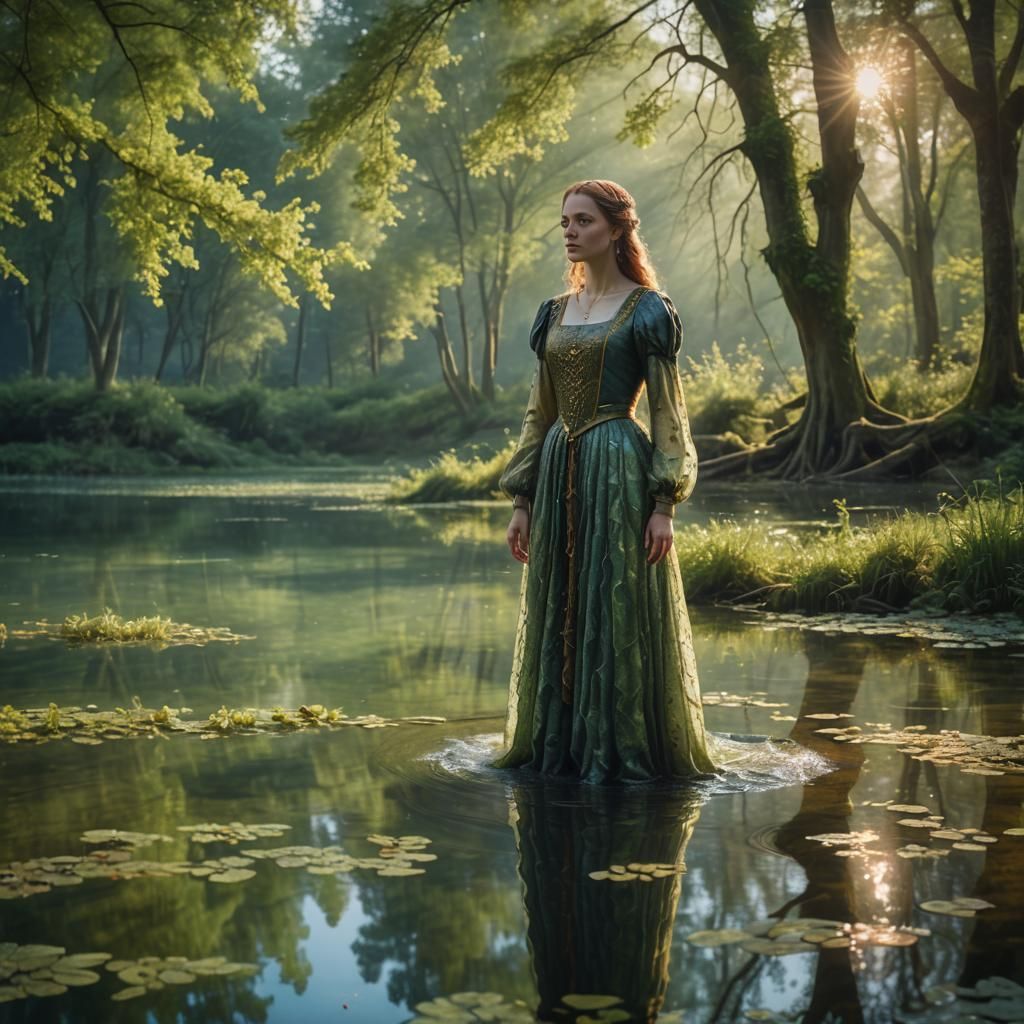 Medieval Woman at Lake Sunrise: Hyperrealistic Oil Painting