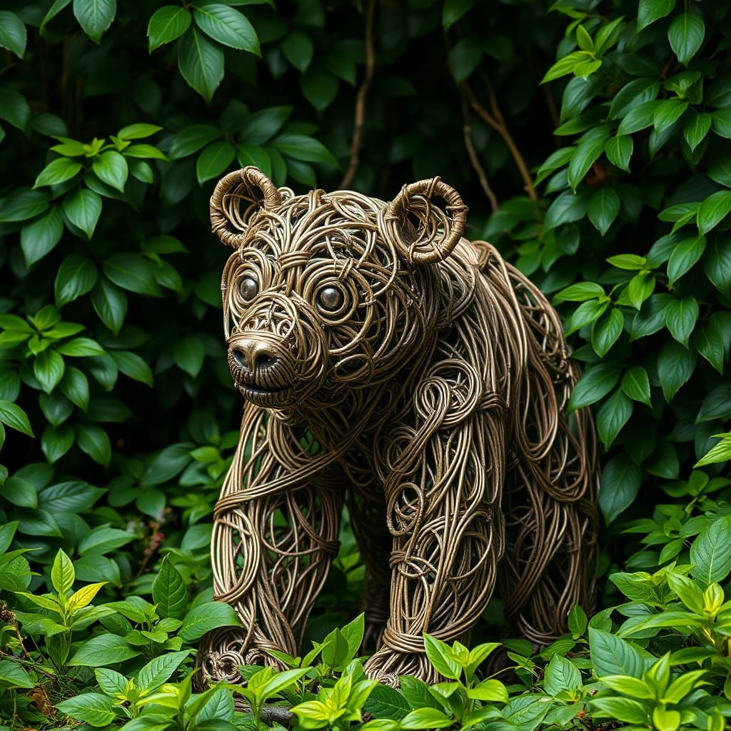 Wire Bear Sculpture in Lush Jungle, Pop Art Style