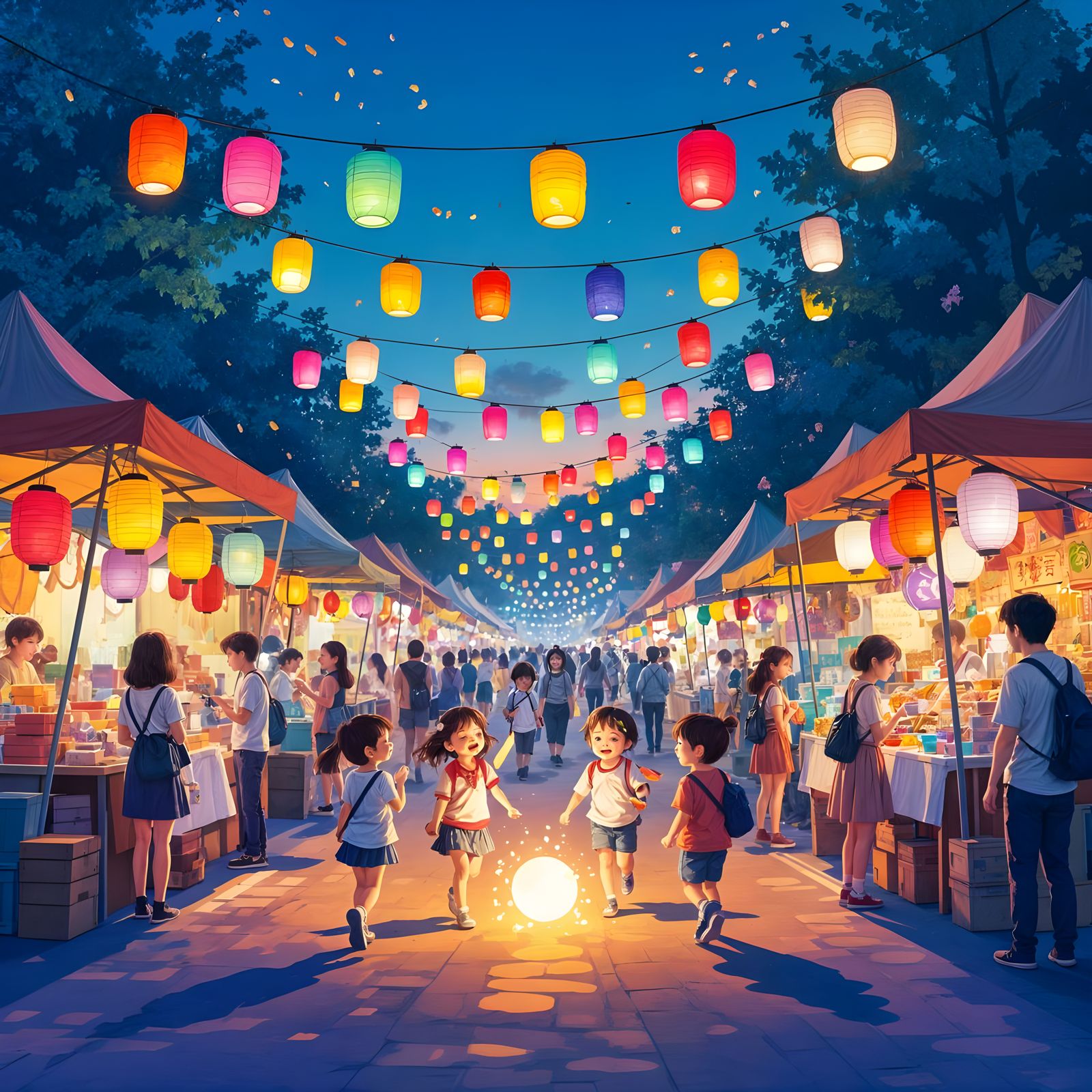 Vibrant Street Festival at Dusk in Anime Style