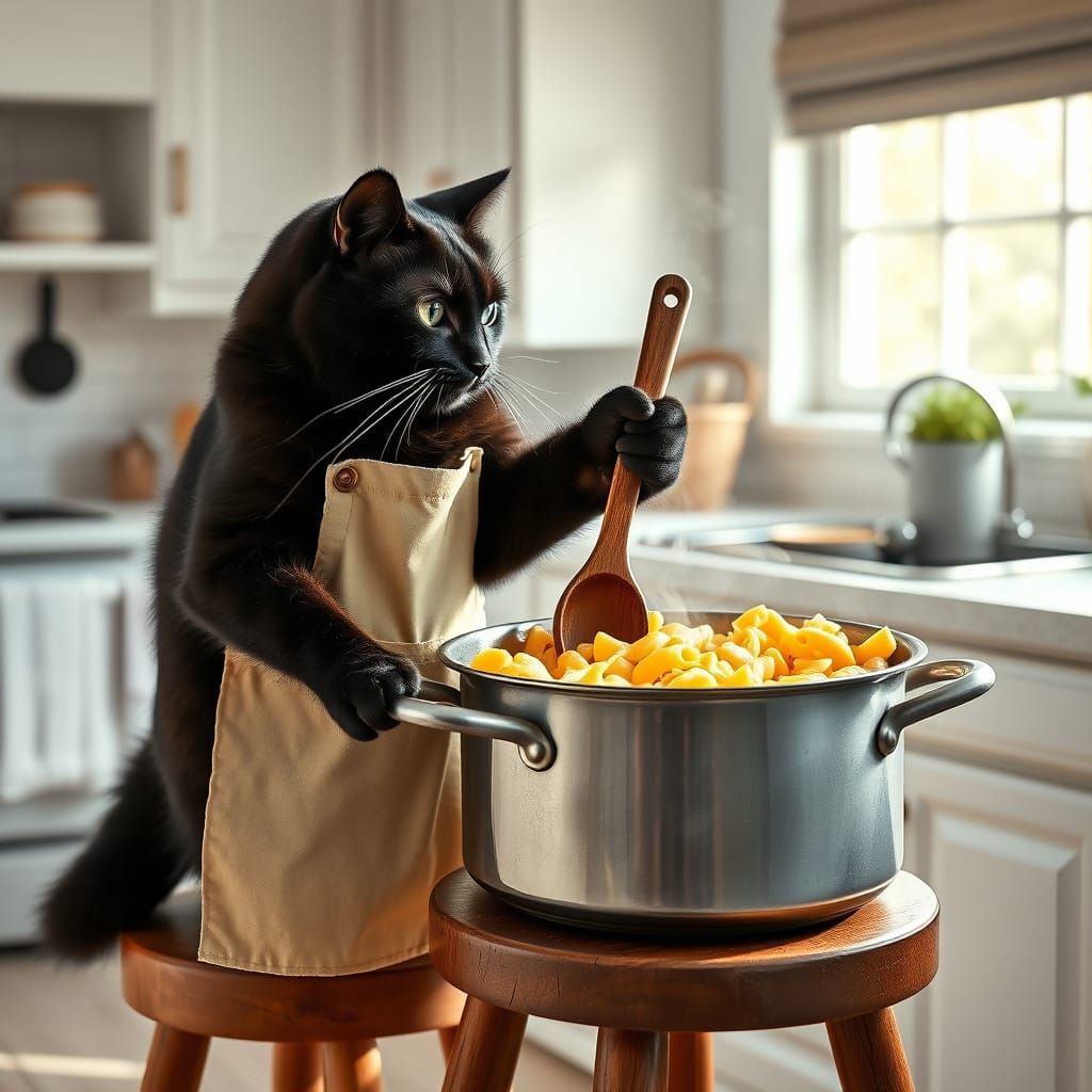 Feline Chef Whips Up Hearty Macaroni in Cozy Kitchen