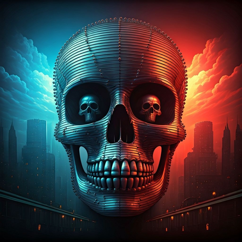 Steel Skull Emerges in Futuristic Cityscape