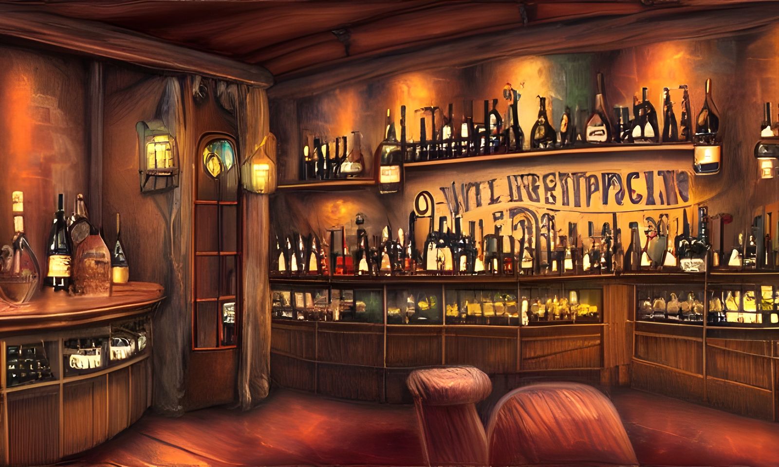Steampunk Wine Bar in Pacific Northwest as Oil Painting