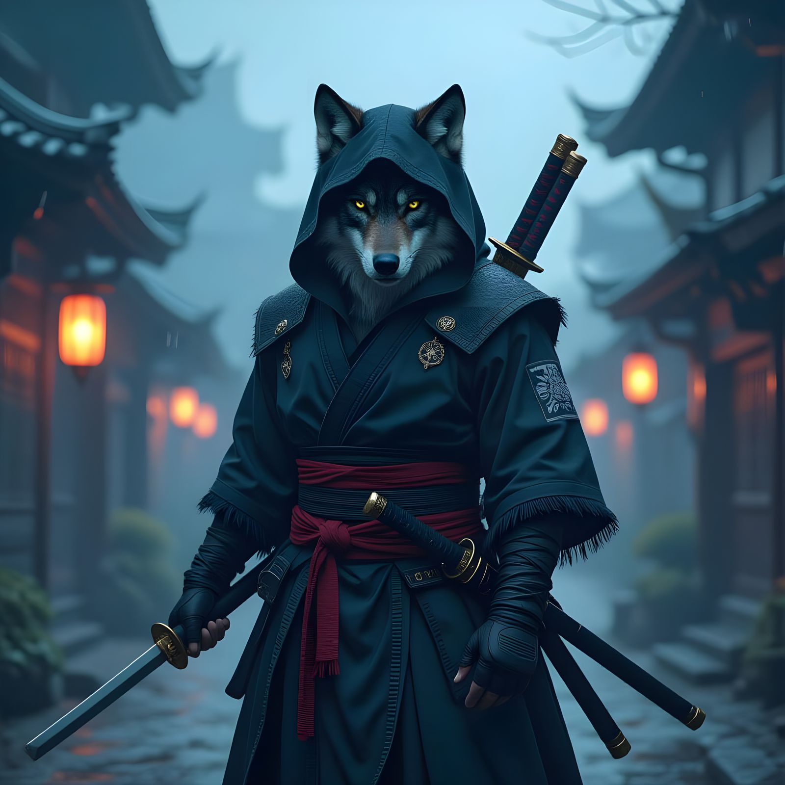 Wolf Ninja with Kunai in Horror Art Style