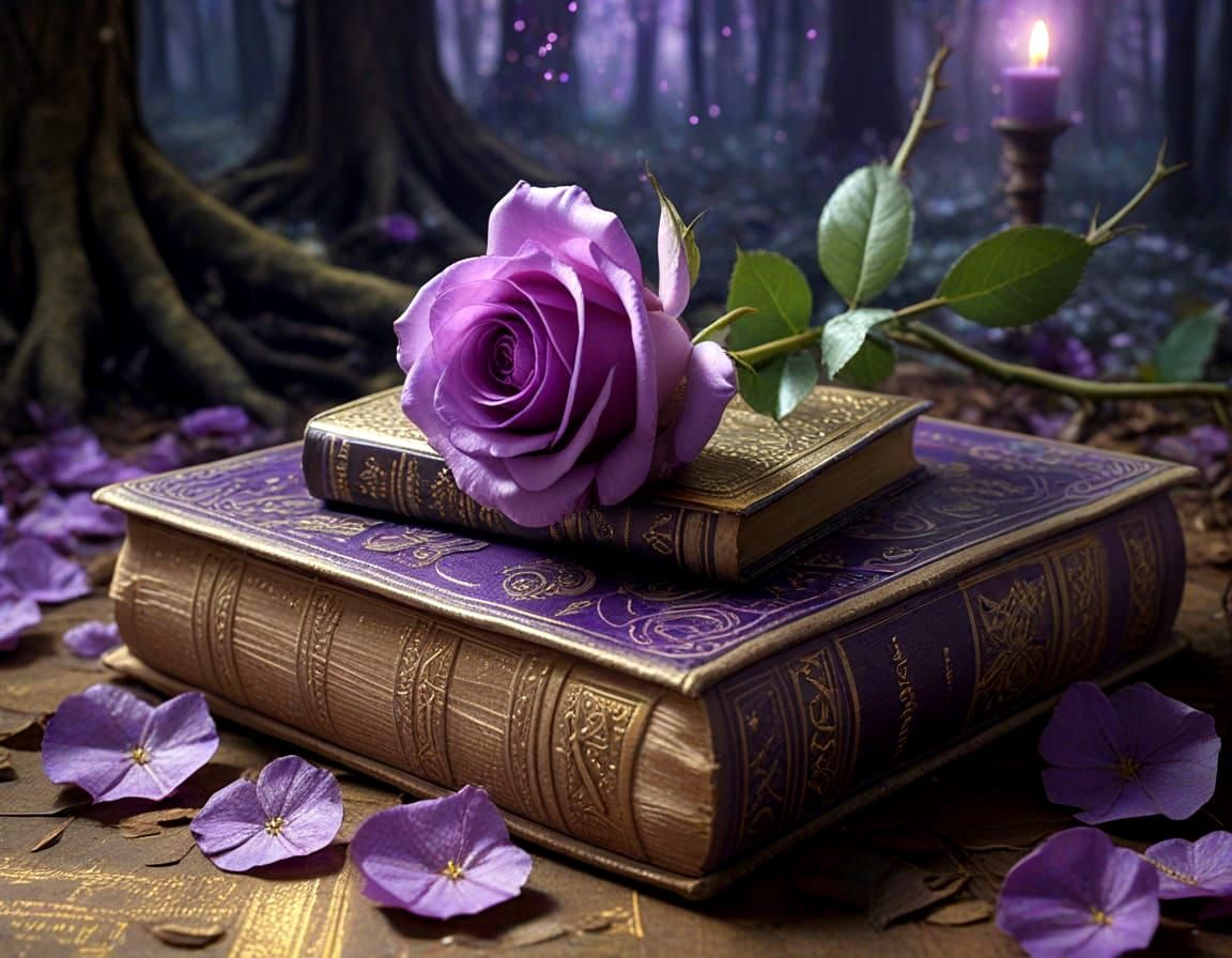 Mystical Forest Scene with Golden Tomes and Vibrant Purple B...