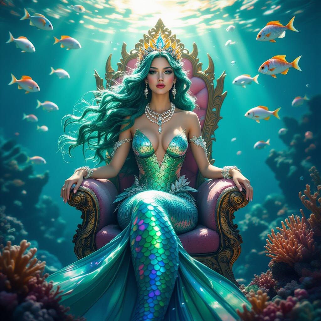 Mermaid Queen on Coral Throne in Hyperdetailed Style