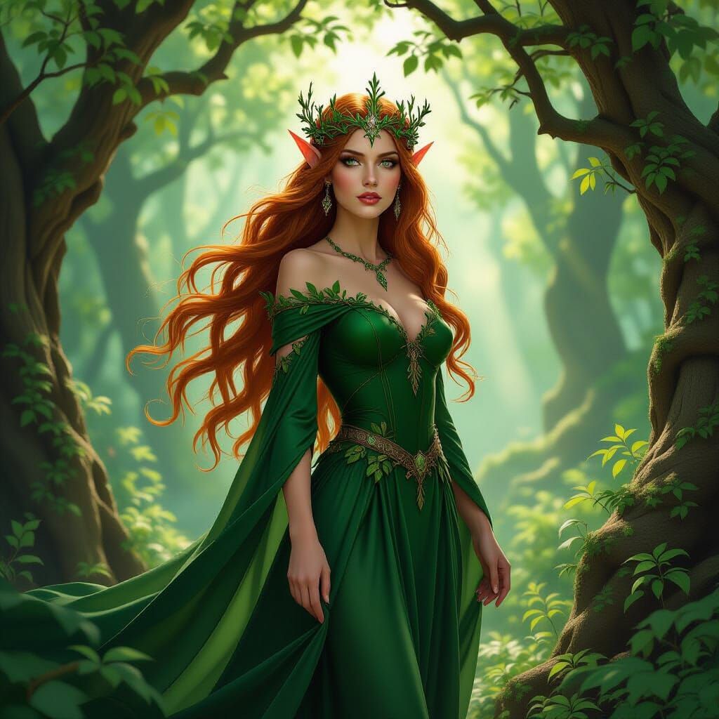 Wood Elf Queen in Ancient Forest, Art Nouveau Style