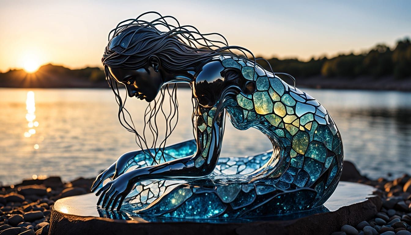 Fragmented Sculpture of Woman at Sunset, Bio Art Style