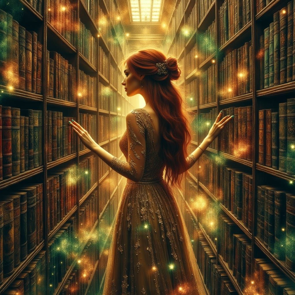 Auburn Beauty in Grand Library, Art Nouveau Style