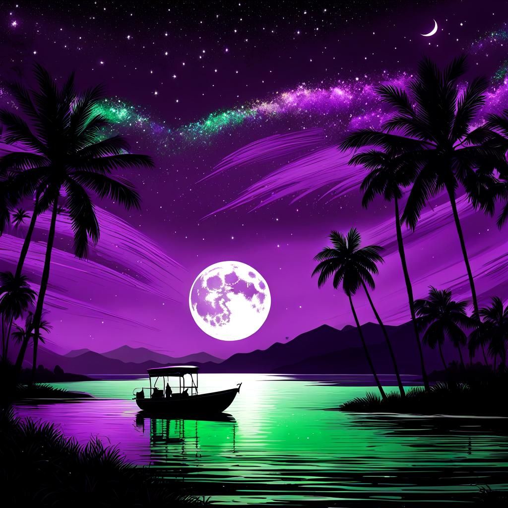 Chiaroscuro Landscape with Super Moon and Palms